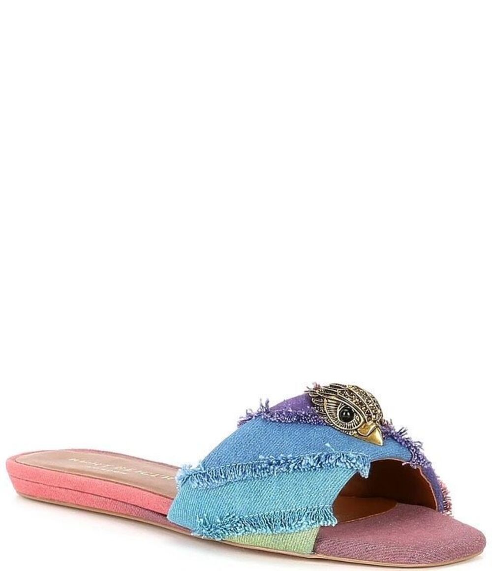 Kurt Geiger London Kensington Frayed Rainbow Denim Logo Ornament Slide Sandals